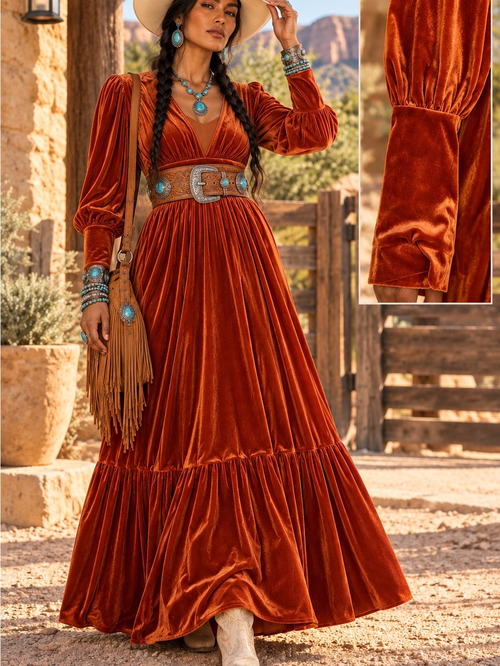 Baltic Born Rust Velvet Maxi Dress with Puff Sleeves